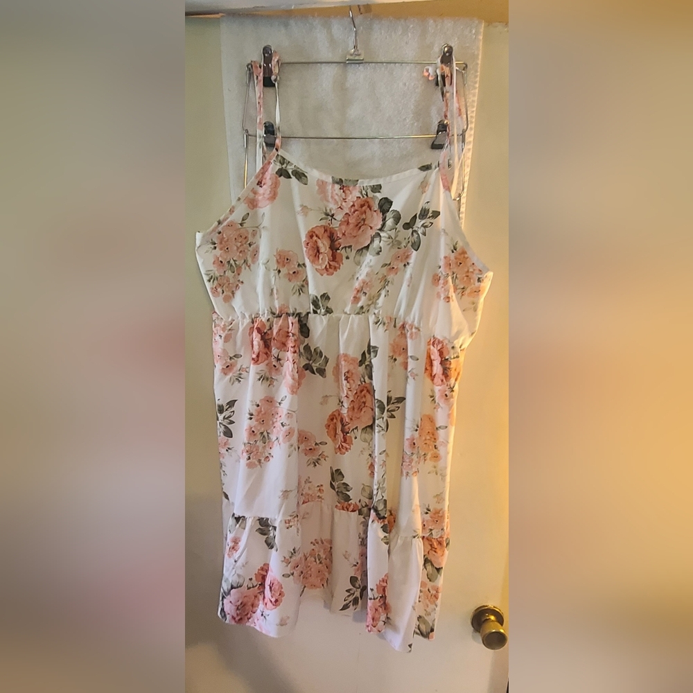 Floral Spaghetti Strap Summer Dress - White with Pink Roses 4XL